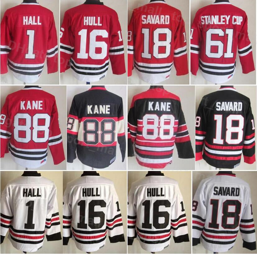 Men Vintage Retro Ice Hockey 16 Brett Hull Jersey 1 Glenn Hall 18 Denis Savard 61 Stanley Cup 88 Patrick Kane 35 Tony Esposito Home Black Red White