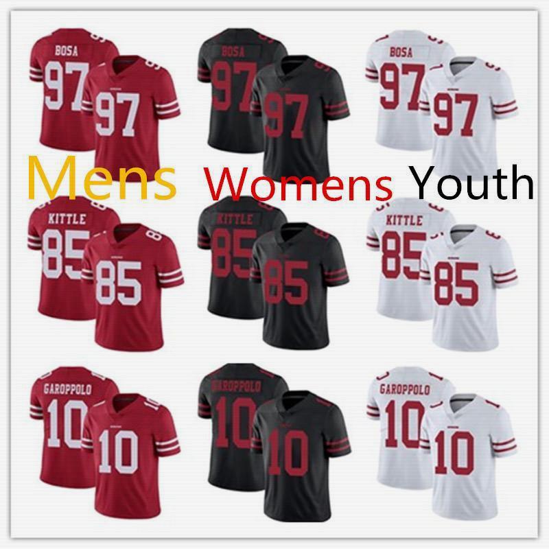 2021 Mens Womens Youth 85 Kittle Jimmy 97 Bosa Jerry Football Jerseys 10 Garoppolo Nick White black red kids
