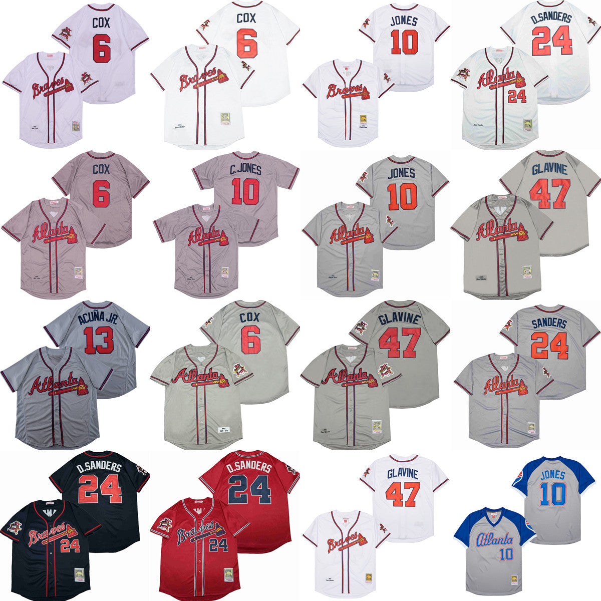 Vintage 1995 1999 Retro Baseball 6 Bobby Cox Jersey 24 Deion Sanders 47 Glavine 13 Ronald Acuna Jr 10 Chipper Jones Retire Cool Base Stitched Red Wh