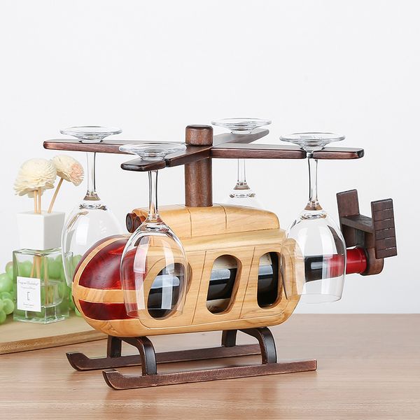 European wooden rack wine rack helicopter creative gifts home decoration, wine rack + glass hanging