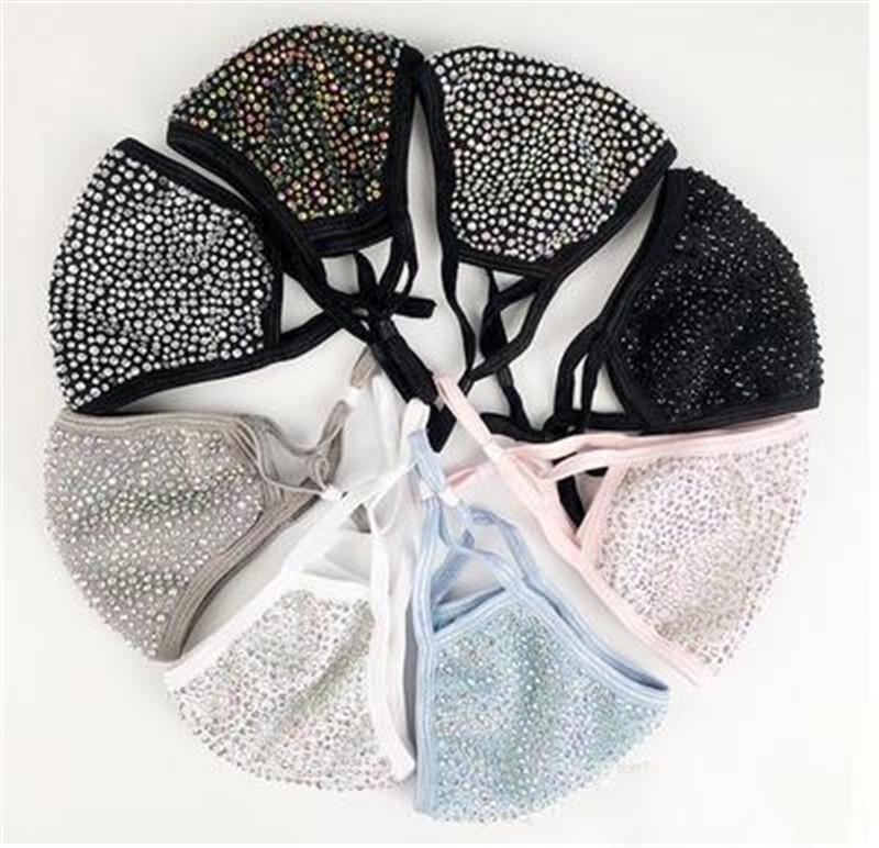 DHL Stock Fashion Dustproof Face Mask Bling Bling Diamond Protective Mask Mouth Masks Washable Reusable Women Colorful Rhinestones Face Mask
