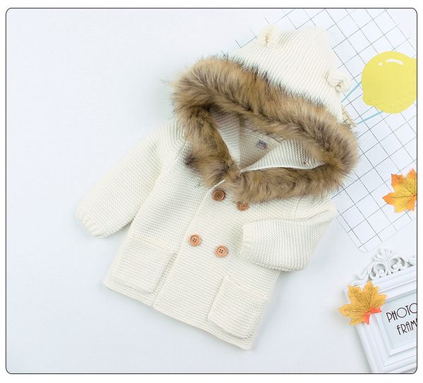 Baby Sweater Coat with Fur Collar, Hooded Knitted Warm Clothes for Autumn Winter, 100% Cashmere, Solid Color, Casual Style, Full Sleeve