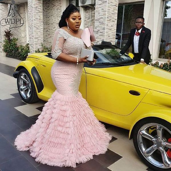 Plus Size African Women Mermaid Prom Dresses Glitter Beads Tiered Tulle Skirt 2019 Evening Dress Half Sleeve Gown Robe de soiree