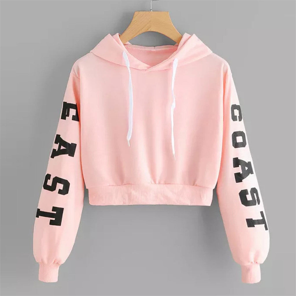 Newly Design Womens Letter Print Pink Cropped Tops Hoodie Sweatshirt Autumn Winter Spring Blouse Top