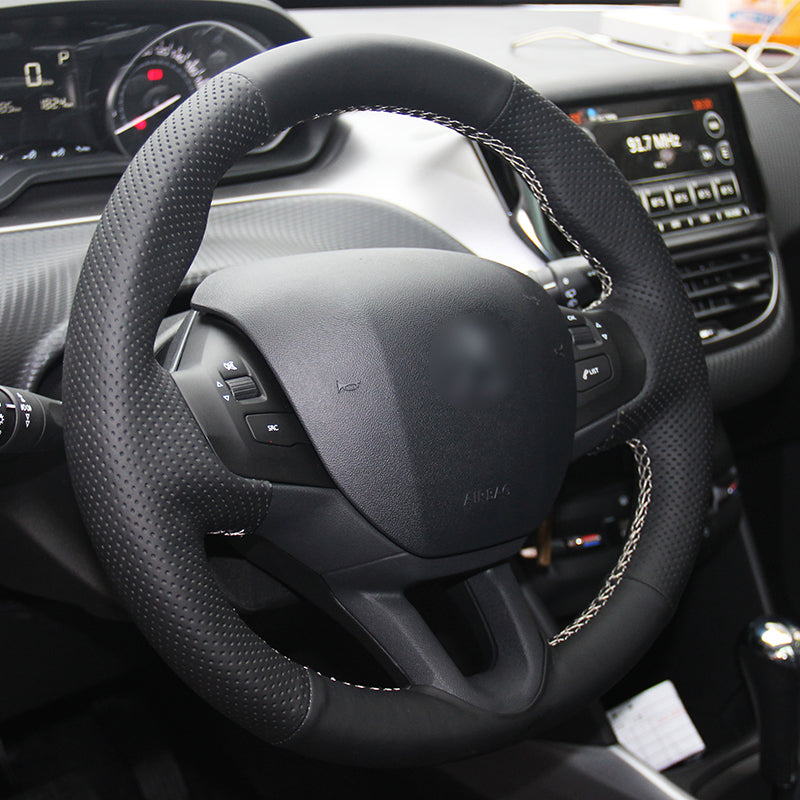 DIY Hand-stitched Black Leather Steering Wheel Cover for Peugeot 208 Peugeot 2008 Car Special Interior accessories