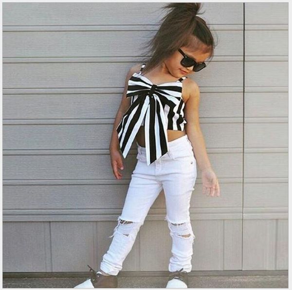 New Fashion Girls Clothing Sets Children Striped Big Bow Tops+Pants 2pcs Set Kids Suit Child Outfits