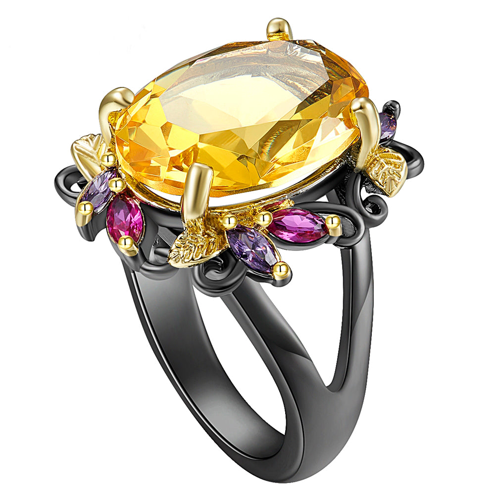 Good Quality Leaf Colorful Stone Ring Big Oval Cut Setting Golden Yellow Crystal Special Occassion Jewellery