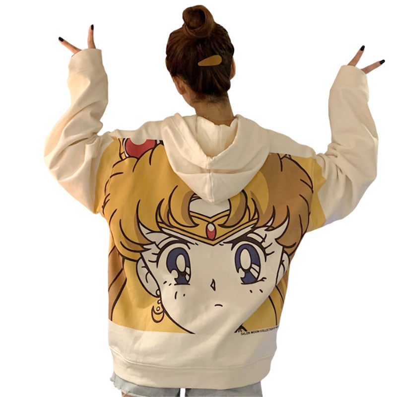 Februaryfrost Sweatshirt Harajuku Sailor Moon Cartoon Print Hoodie Women Loose Casual Cute Pocket Long Sleeve Pullover Tops Clothes