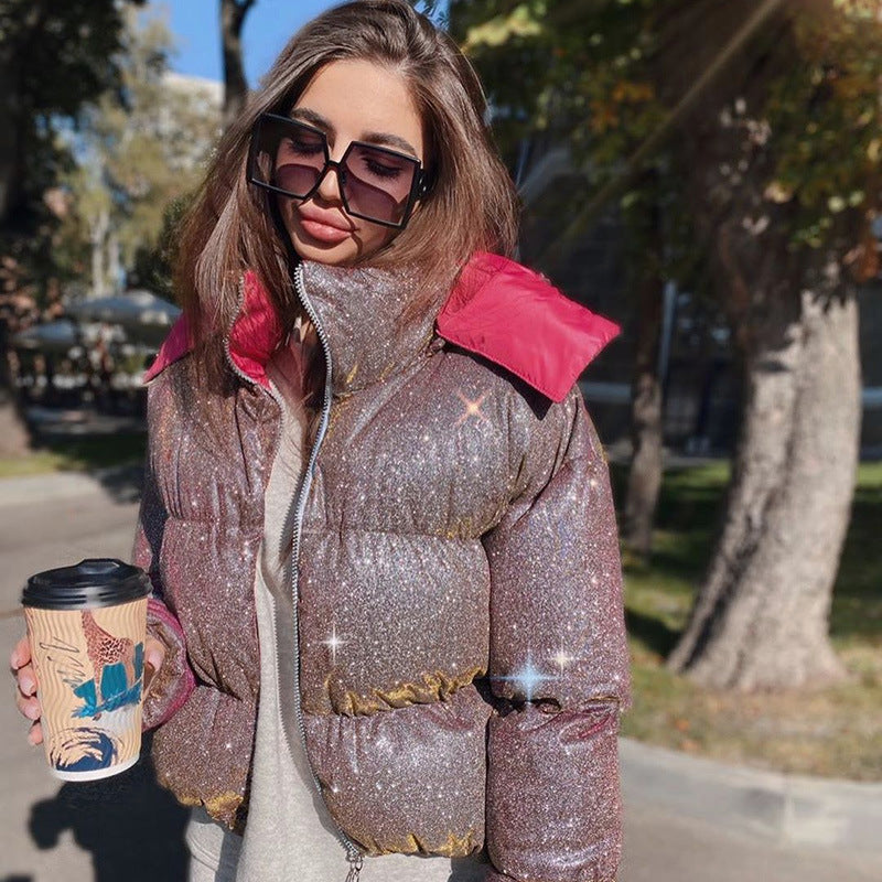 Women Winter New Cotton Coat Fashion Glitter Powder Jacket European and American Womens Streetwear Hooded Coats 2 Colors Size S-XL
