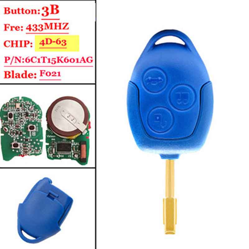 433MHz 4D63 Chip P-N:6C1T15K601AG 3 Button Remote Car Key Fob for Ford Transit WM VM No-With Blue - Black Blade FO21