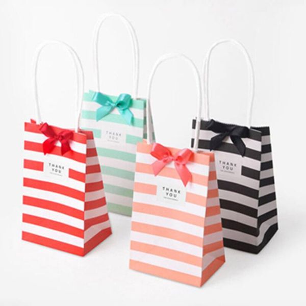 100 set Small gift paper bag with handles bow Ribbon stripe handbag Cookies candy Festival gift packaging bags Jewelry birthday Wedding LX39