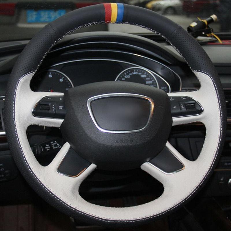 DIY For Audi A3 Black White Leather Red Yellow Blue Marker Steering Wheel Cover Anti-slip fit all season Car accessories