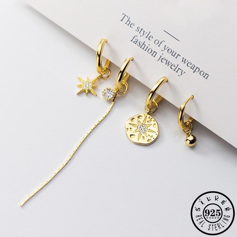 Hoop & Huggie 925 Sterling Silver Asymmetrical Zircon Round Star Shape Hoops Earrings Gold Color Long Tassel Chain Ear Rings Jewelry For Wom