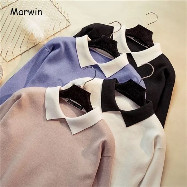 Marwin New-Coming Winter Korean Wild White Turn-Down Collar Pullovers Women Sweater Long Sleeve Slim Fit Knittted Preppy Sweater 201221
