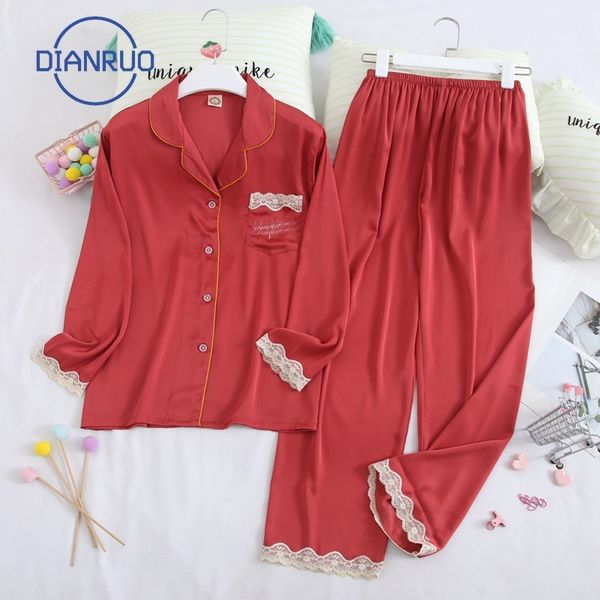 DIANRUO Autumn Sleepwear Women New Silk Ladies Long Sleeve Lace Home Wear Set Korean Version Girls Sweet Pajamas Q377 201027