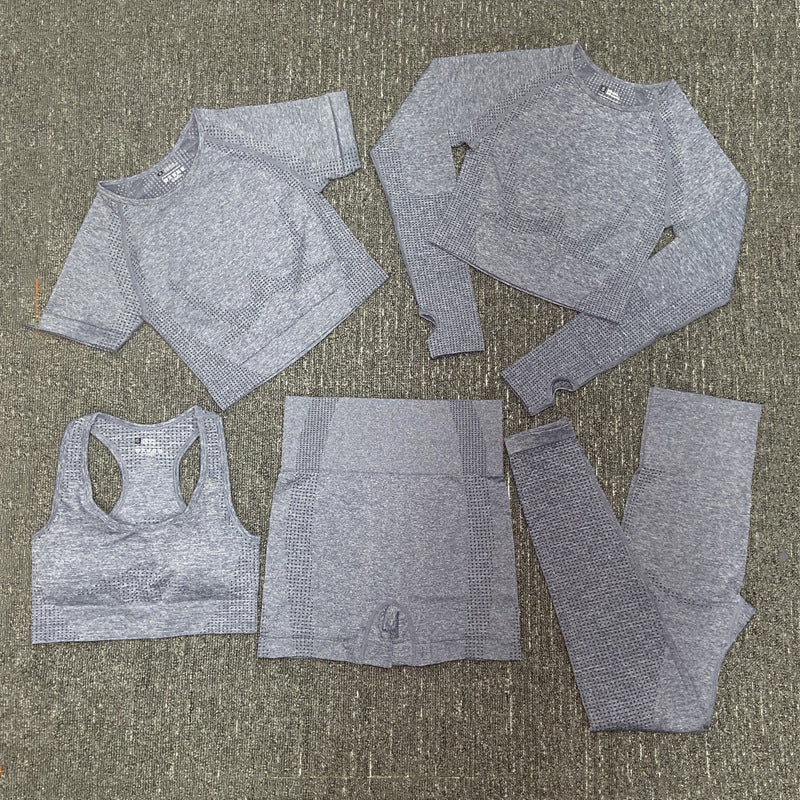 Fashinon 5PCS Seamless Women Yoga Set Workout Sportswear Gym Clothing Fitness Long Sleeve Crop Top High Waist Leggings Sports Suits gym wear workout