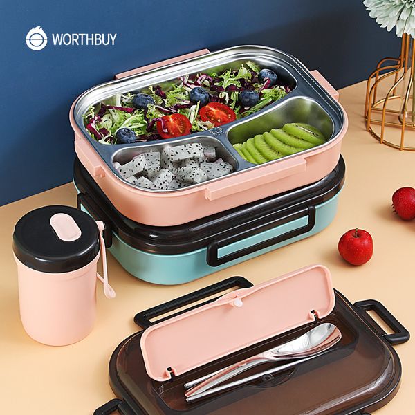 WORTHBUY Portable Lunch Box For Kids School Food Container 304 Stainless Steel Bento Box With Compartment Microwave Food Box T200710