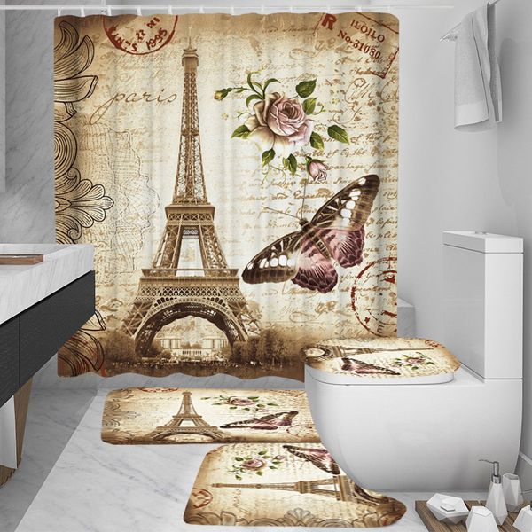 Paris Tower Landscape 3D Waterproof Shower Curtains Bathroom Curtain Sets Anti Slip Pedestal Rug Lid Toilet Cover Bath Mat Set Y200108