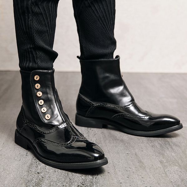 2020 New Cross-Border Large Size Leather Boots Mens 46 Size Autumn and Winter European and American Style Low Heel Square Heel Glossy Chelse