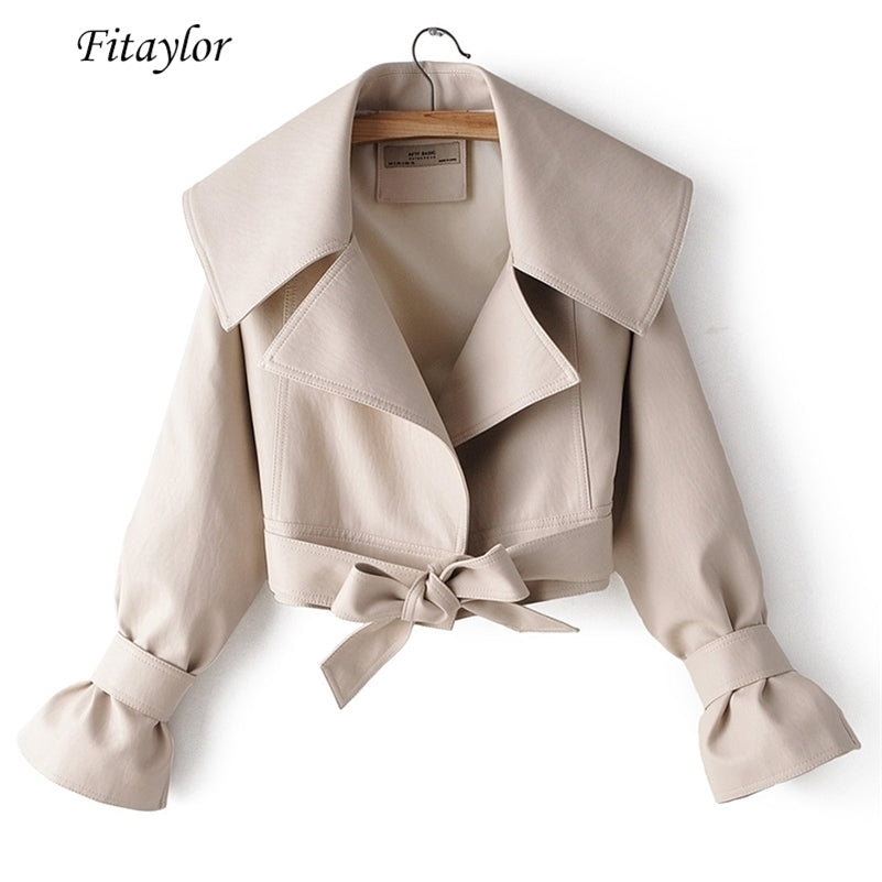 Fitaylor Autumn Faux Soft Leather Short Jacket Turndown Collar Coat Women Bow Belt Loose Biker Coat Black Red Motorcycle Outwear 201223