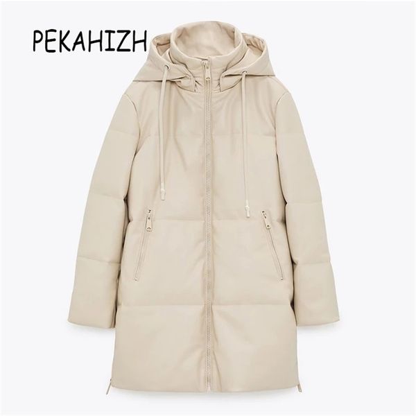 Winter Women Fashion Slim Oversize Jacket Coat Vintage Pocket Hat Drawstring Warm PU Jacket Coat Famale Outerwear Chic Top 201217