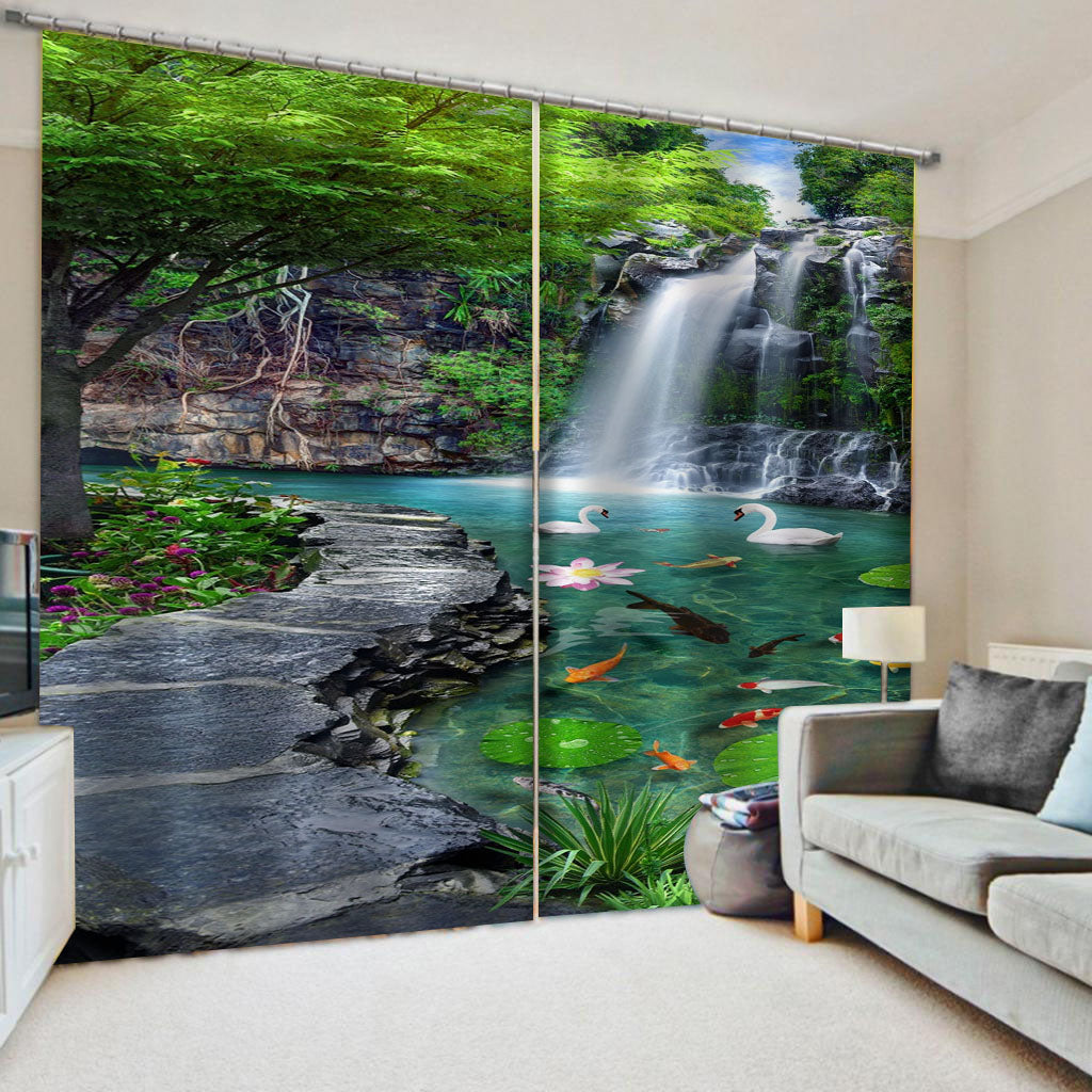 Beautiful Photo Fashion Customized 3D Curtains green scenery waterfall curtains Thick shading soundproof windproof curtain