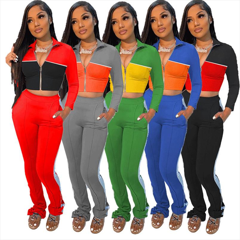 2 Piece Set Women Fall Clothes Outfit Patchwork Bodycon Zip Top Lace Up Pocket Leggings Matching Set Wholesale Dropshipping 2021