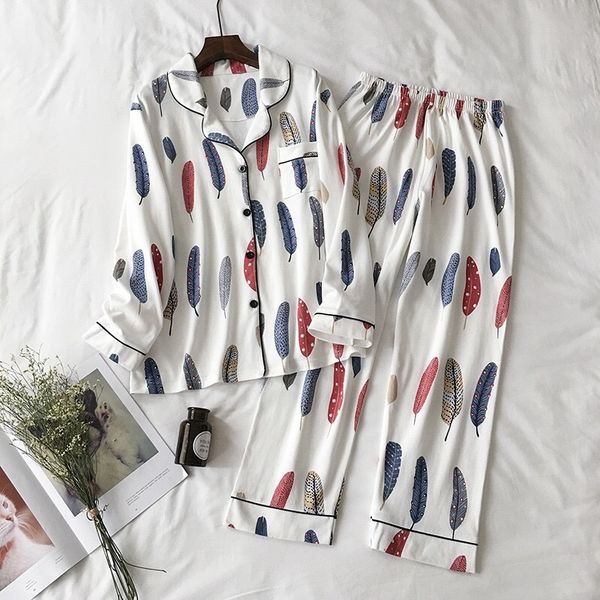 2020 New Cute Sleepwear Sets Cotton Women Feather Print long Sleeve Turn-down Collar Pants Pajama Two piece Set Y200708