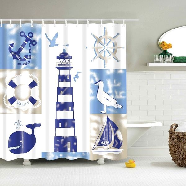 Nautical Waterproof Shower Curtain Marine SailBoat Lighthouse Anchor Sea Life Bathroom Decor Bathroom Accessory with Hooks T200711