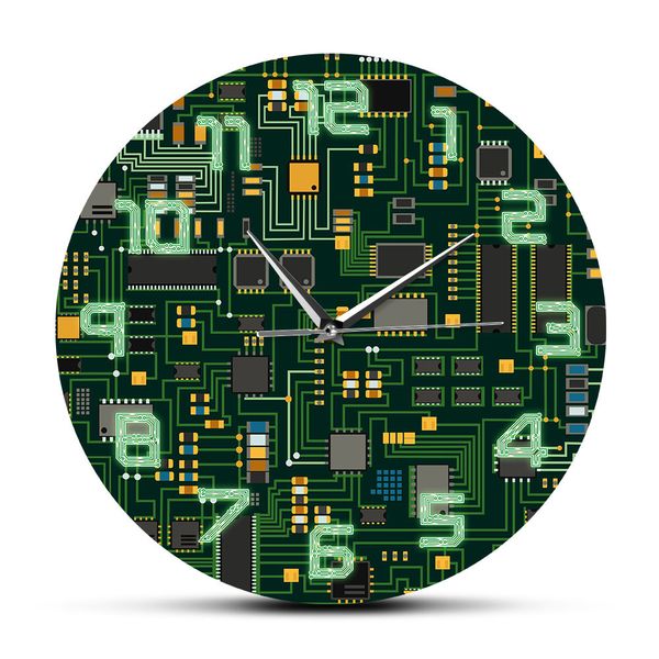 Computer Electronic Chip Circuit Board Geeky Wall Clock Green PC Circuit Board Print Art Wall Watch Engineer Gift Office Decor 201118
