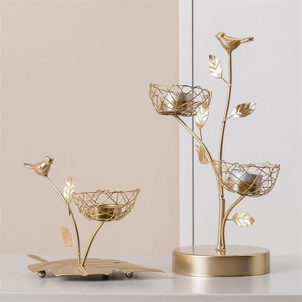 Nordic Wrought Iron Bird And Leaves Candle Holders Romantic Dinner Gold Home Decoration Candle Holder Candlestick Wedding Gifts LJ201212