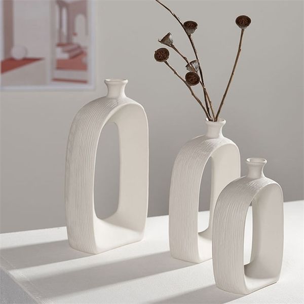 Home Supplier White Porcelain Flower Vase Living Room Decoration Ornament Dry Flower Arrangement Ceramic Vases Desk Decorations LJ201208