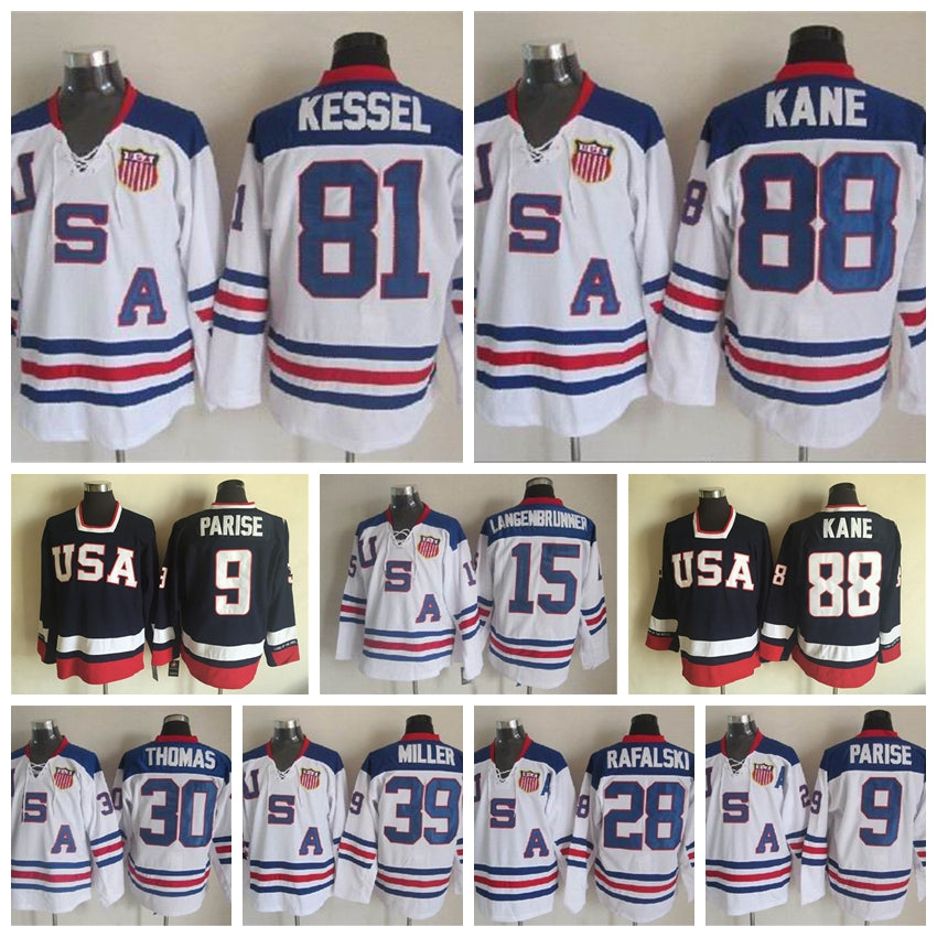 2010 Team USA Vintage Hockey Retror 9 Zach Parise Jersey 39 Ryan Miller 15 Jamie Langenbrunner 30 Tim Thomas Navy Blue Home White