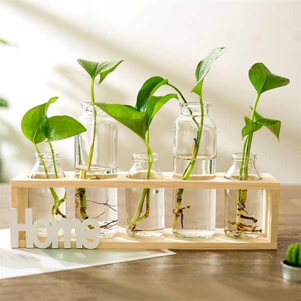 Glass Hydroponic Bottle Transparent Flower Vase with Wooden Frame Support Tabletop Creative Home Garden Coffee Shop Room Decor LJ201209