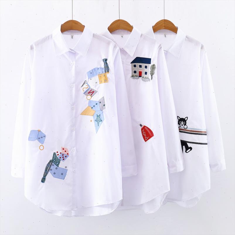 Spring Women Blouses Cartoon Embroidery Shirt Casual Long Sleeve White Blouse Lady Office Tops Plus Size Cotton