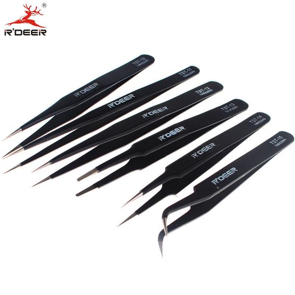 RDEER 5&quot; Electronics Tweezer Forceps Stainless Steel Anti-Static Curved Straight Tool Pincers Pincette Hand Tool Set 6pcs Y200321