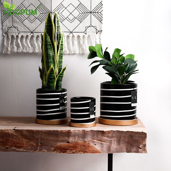 Ceramic Flower Pot Black And White Stripes Flower Pot Vase Fleshy Round Basin Potted With Tray Christmas Garden Tools Home Decor Y200709