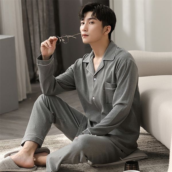 Autumn Winter 100% Cotton Pijama for Men Dormir Lounge Sleepwear Pyjamas Gray Bedgown Home Clothes Man Bedroom PJ Cotton Pajamas 201023