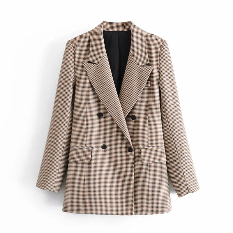 New Woman Plaid Blazer Women Autumn 2021 Double-breasted Long Sleeve Checked Jacket Female Office Wear L2qw