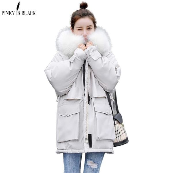 PinkyIsBlack Fashoin Thick Loose Medium Long Winter Jacket Women Casual Big Pockets Hooded Parka Coat Female Fur Collar 201019