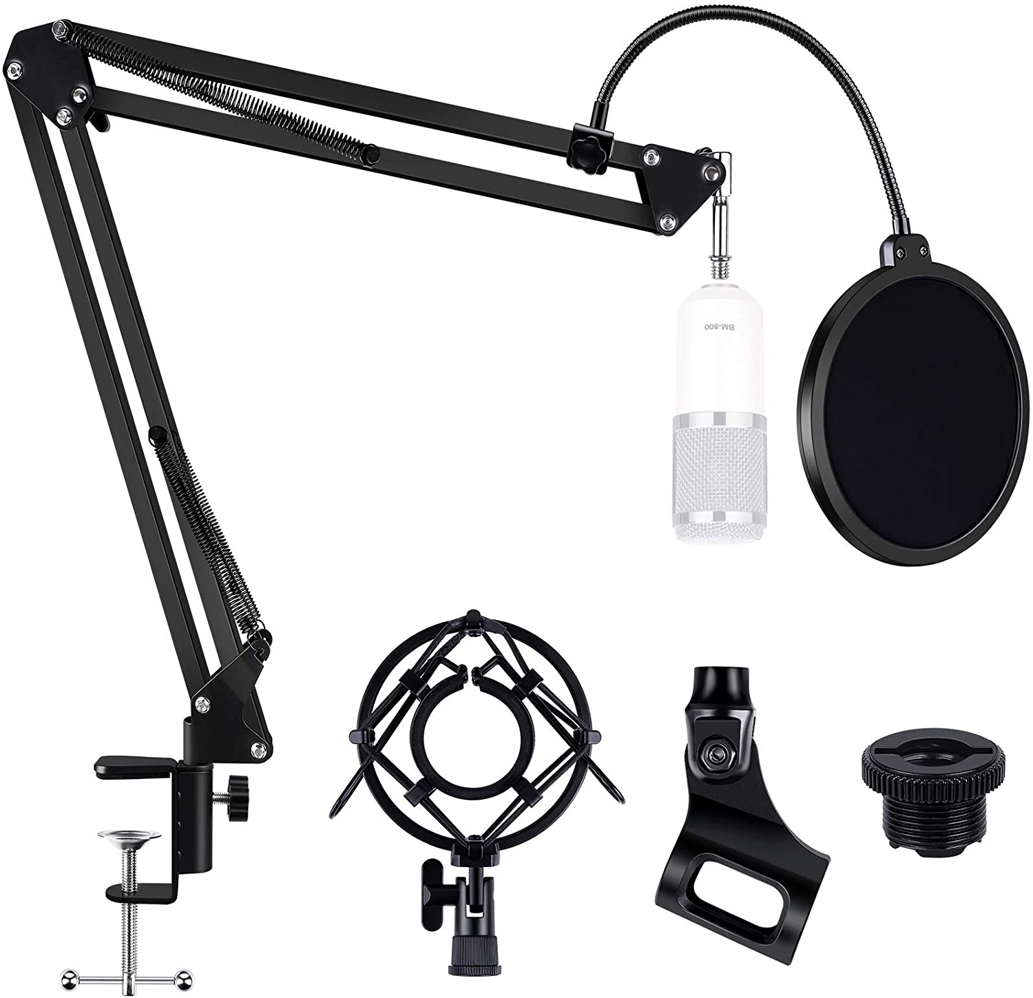 Microphone Stand Adjustable Suspension Boom Scissor Arm Stand with Pop Filter, Mic Boom 3-8&quot;to 5-8&quot; Screw Adapter