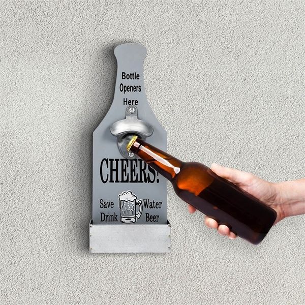 Creative Beer Bottle Opener Wood Wall Mounted Bar Home Restaurant Wall Decoration Wine Kitchen Bottle Can Opener Vintage Style 201223