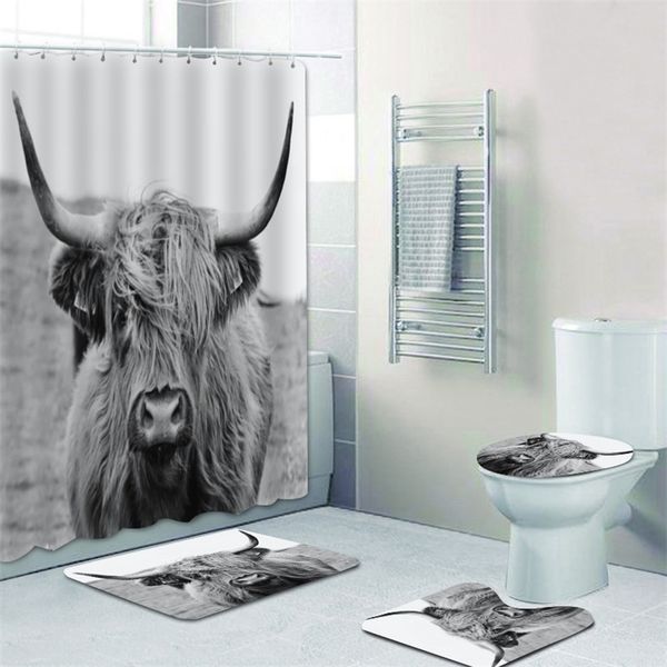 Nordic Portrait of A Highland Cow Shower Curtain Set for Bathroom Curtain Wildlife Highland Cattle Cow Home Decor Bath Mat Rug 201030