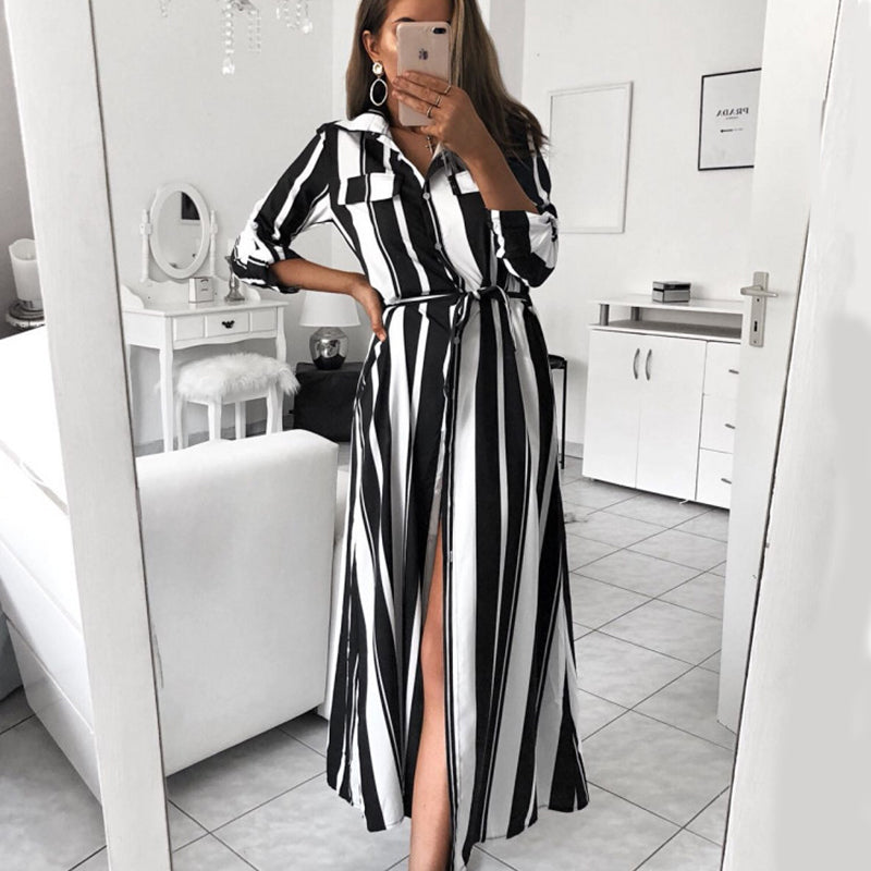 stripe maxi dress office lady turndown collar button long shirt women autumn summer sleeve dresses