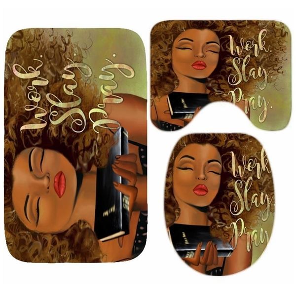 African American Shower Curtain Set Black Girl Work Slay Pray Bathroom Curtain Bath Mat Rug Carpet Toilet Inspiration Home Decor 201128