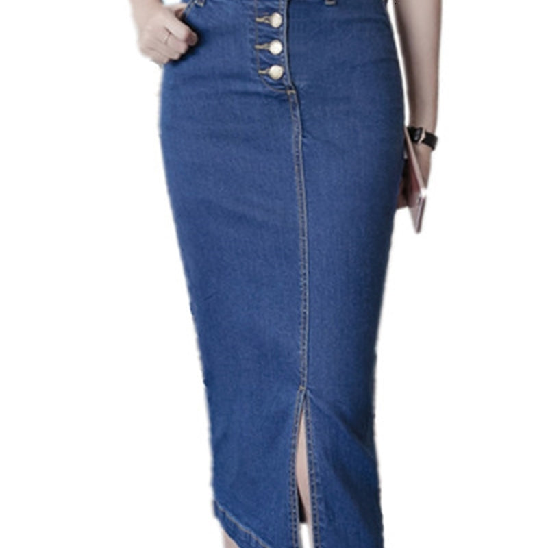2021 New Spring Autumn Women Denim Knee-length Office Skirts Womens Blue Classical Elegant Package Midi Pencil Skirt Vtyc