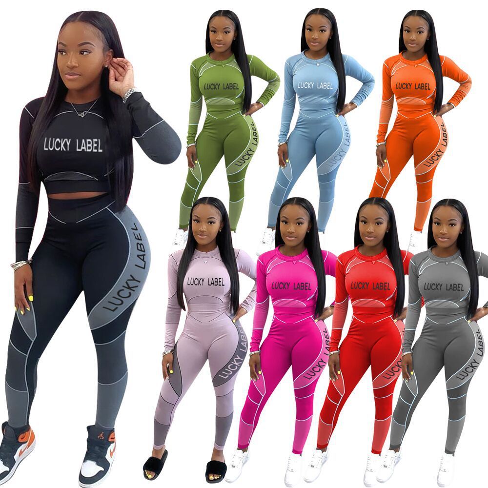 2021 New Letter Lucky Label Patchwork Pattern Long Sleeves O-neck Tops & Leggings Women Suit Sportwear Two Piece Set 9kpe