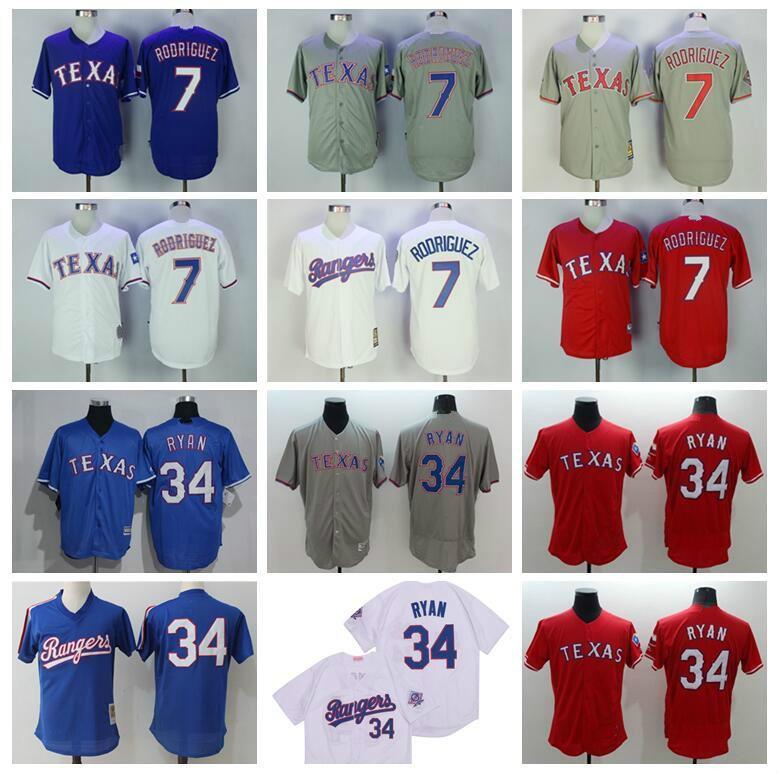 Texas Baseball jersey 7 Ivan Rodriguez Jersey Men Retire 34 Nolan Ryan Cool Base All Stitched Home Team Blue Red White Grey