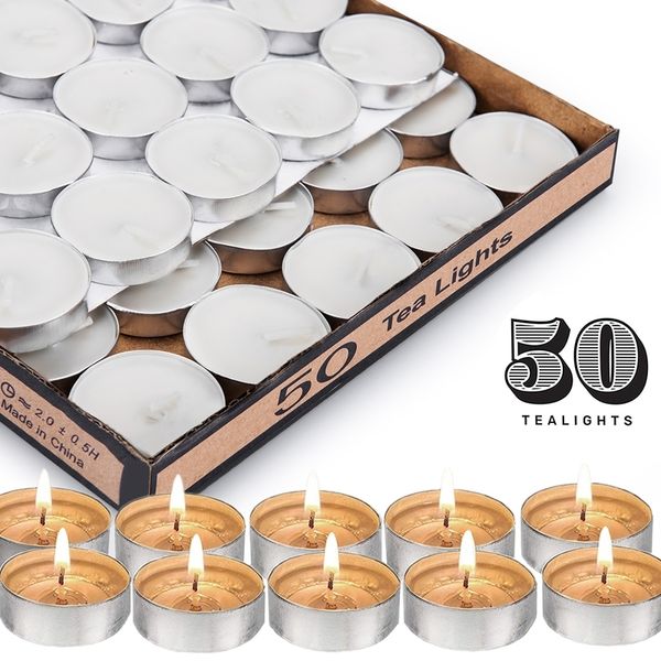 Tea Light Candles, White Unscented Travel, Centerpiece, Decorative Wedding Candle, 4 Hour Burn Time, Pressed Wax, 50 Bulk Pack Y200531