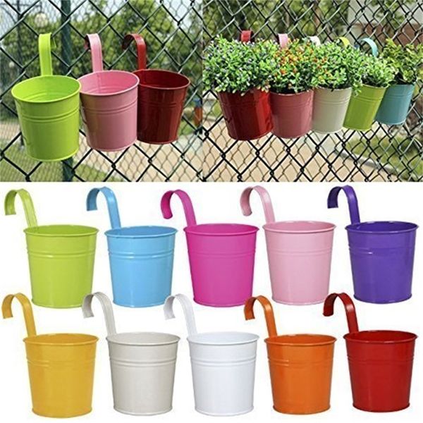 10pcs-set Colorful Hanging Flower Pots Hook Wall Pots Garden Pots Balcony Planters Metal Bucket Flower Holders Home Decor Y200709